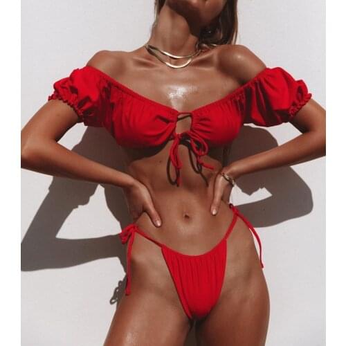 Sexy Off Shoulder Solid Red Bandeau Swimsuit Women Push-up Pleat Ruffled Bikini Set Bathing Suit High Cut Bandage Thong Swimwear
