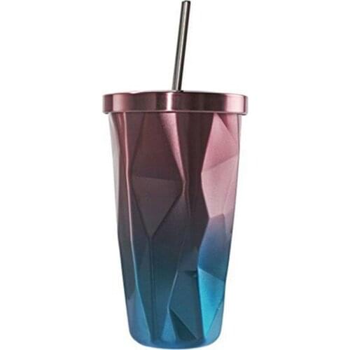 Stainless Steel Tumbler with Straw - Hot and Cold Double Wall Drinking Cups Coffee Mugs 500ML Irregular Diamond with Lid (Pink