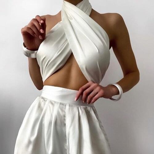 Chic Women Satin Criss-Cross Halter Top Sleeveless Backless Bandage Cropped Mini Vest Sexy Bustier Boob Cami Top Elegant Lady