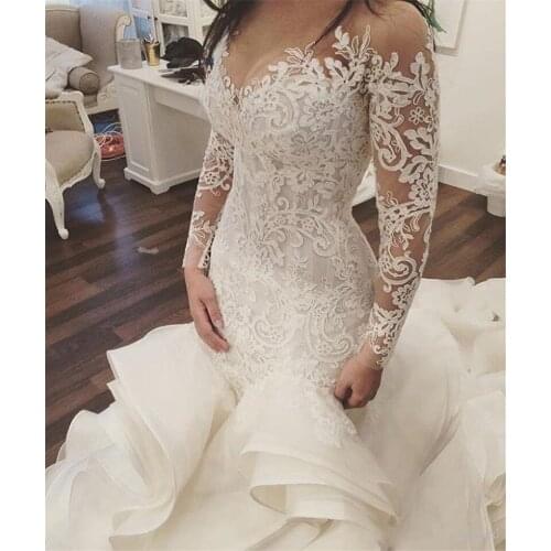 Gorgeous Scalloped Neck Long Sleeve Wedding Dresses Organza Mermaid Bridal Gown