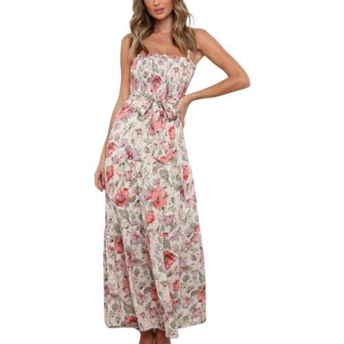 Wsevypo Boho Summer Women Suspender Ruffles Sundress Vacation Party Straps Frilly Wrapped Chest Maxi Beach Dress Floral A-Line