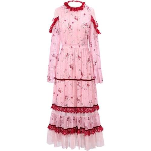 Plus Size S-5XL Runway dress Spring Summer Women Long Sleeve Lace Dress Floral Print Elegant Chiffon Long Dresses