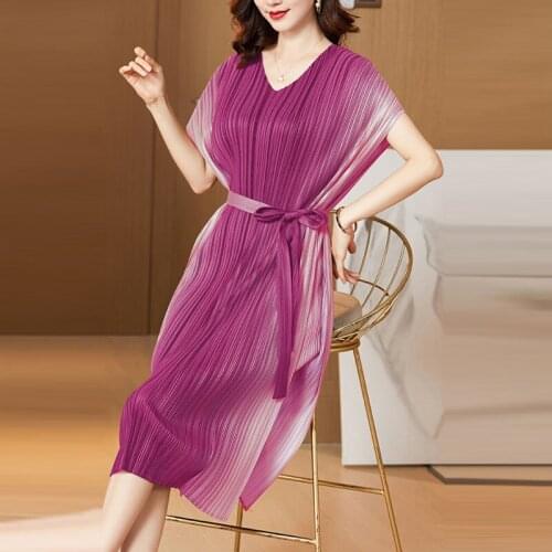 Summer Gradient Lace-up V-Neck Dress Women Bat Sleeve Miyak Pleated Elegant Temperament Plus Size Loose Ladies Vestidos Clothes