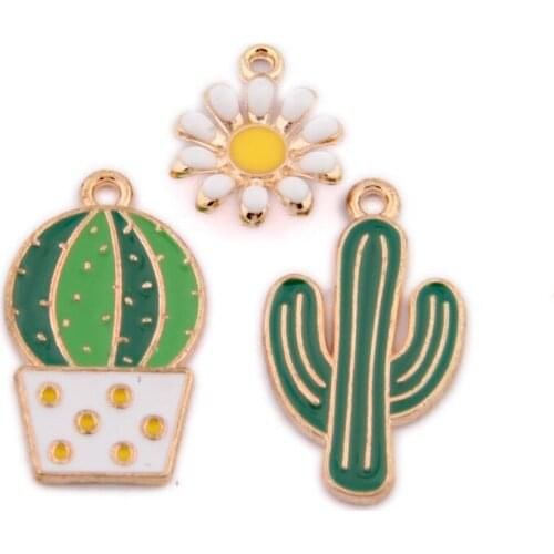 20pcs/pack Necklace Earring Zinc Alloy Metal Enamel Charms Painted Jewelry KC Gold Back Little Flower Cactus Pendant