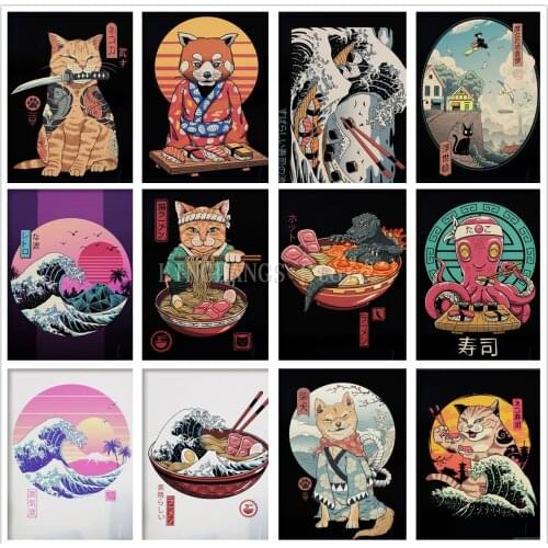 5D DIY Diamond Painting Japanese Samurai Cat Ramen Nostalgia Diamond Mosaic Animal Embroidery Cross Stitch Kits Art Home Decor