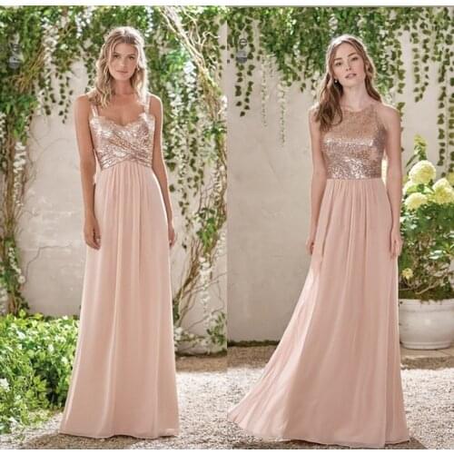 Cocomylody Elegant Rose Gold A Line Chiffon Bridesmaid Dresses Long Spaghetti Straps Sequin Top Maid of Honor Gowns Prom Party
