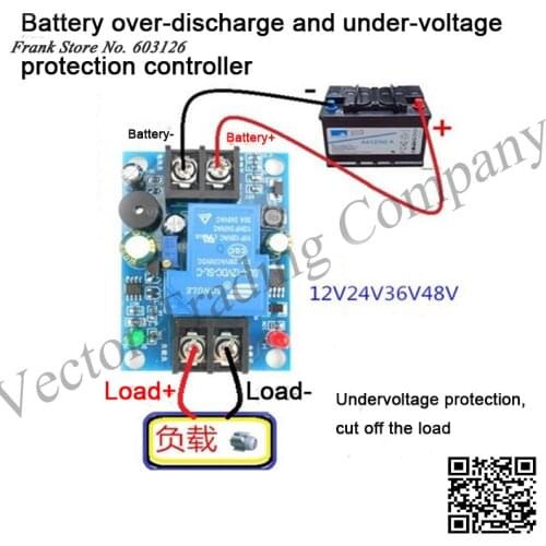 Battery over-discharge controller with delay, low-voltage and under-voltage shutdown load and alarm