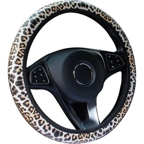 Leopard Print Leather Elastic Steering Wheel Cover Without Inner Ring For 37CM-38 CM/14.6"-15" Univesal Steering Wheel M Size