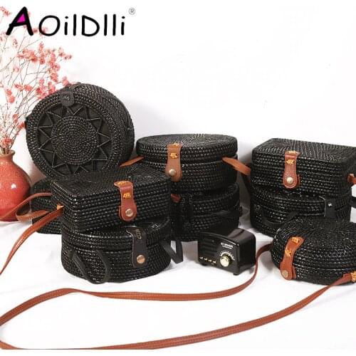 Bali New Black Round Rattan Bags For Women Boho Beach Crossbody Bag Straw Handmade Woven Circle Shoulder Bag Female Handbags