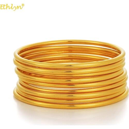 Ethlyn 9pcs/lot Fashion Simple Wedding Bride Bangle Jewelry Dubai Gold Color Gold Glossy Bracelet for Women MY126