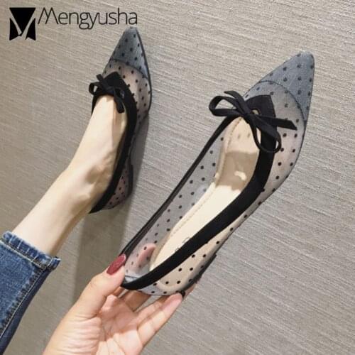 Summer sweet women shoes transparent polka dot mesh breathable flats loafers sexy pointy toe shallow bow moccasins zapatos mujer