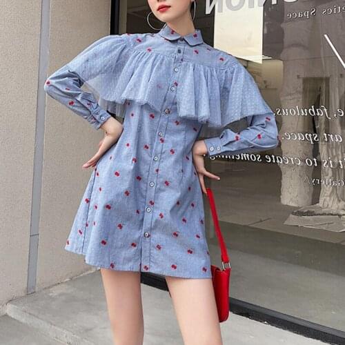 2021 New Chic Fashion Designer Spring And Autumn Dress Female Long-Sleeved Blue Shirt Ruffle Casual Dress Women