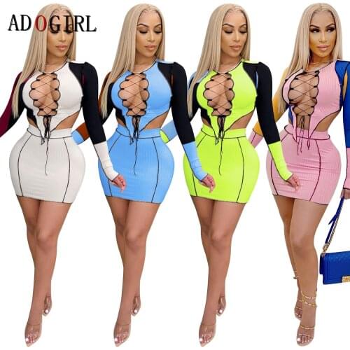 Adogirl Sexy Hollow Out Tracksuit Two Piece Set Women Bandage Crop Top + Skirt Set Fashion Party Club Outfits Matching Sets