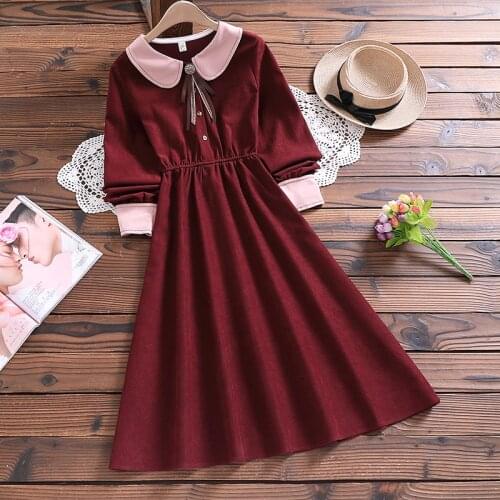 Mori girl cute sweet solid dress Japan style autumn winter fashion new arrival bow long sleeve lady vintage vestidos