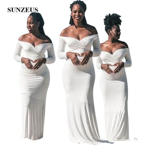 Simple Long Ivory Bridesmaids Dresses Off Shoulder Long Sleeves Wedding Party Gowns Sheath Jersey Summer Beach Dress