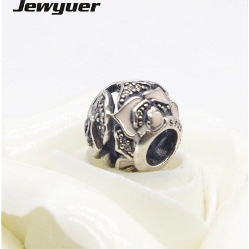 Silver Rose Flower charms 925 Sterling Silver fine jewelry Pink Enamel bead Fit charm beads Bracelets DIY gift for Mom BE247