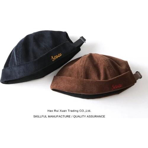 Saucezhan Mens Hat Fedoras Miki Hat Skullcap Sailors Cap Vintage Corduroy Fabric Embroidery Anti-deformation Size Adjustable