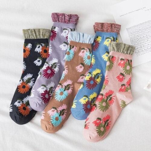 Spring New Style Womens Colorful Flower Socks Japanese Retro Style Small Floral Middle Tube Womens Socks Factory Wholesale