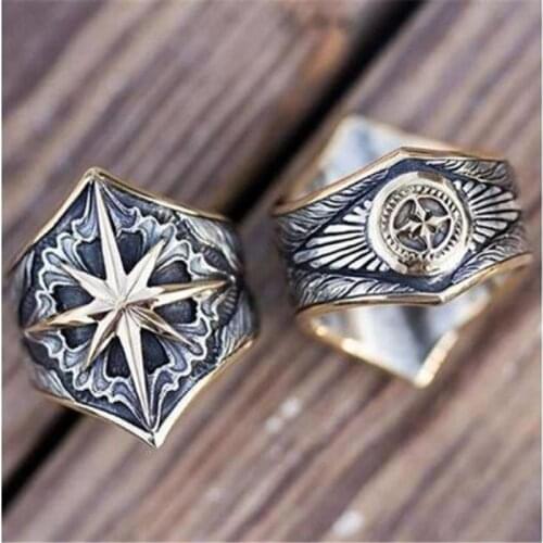 Viking Jewelry Cross Hexagonal Star Pattern Ring for Men Fashion Retro Exquisite Decorative Pattern Rings Male Accessories Gifts