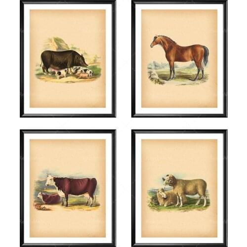 Affiche vintage d'animaux de ferme, décoration de ferme, art du pays, illustration animale, cheval, cochon, mouton, vache