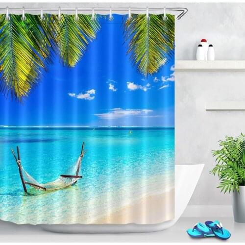 72''Bathroom Waterproof Fabric Shower Curtain 12 Hooks Sight Blocking Bath Accessory Sets Tropical beach hammock and leaves