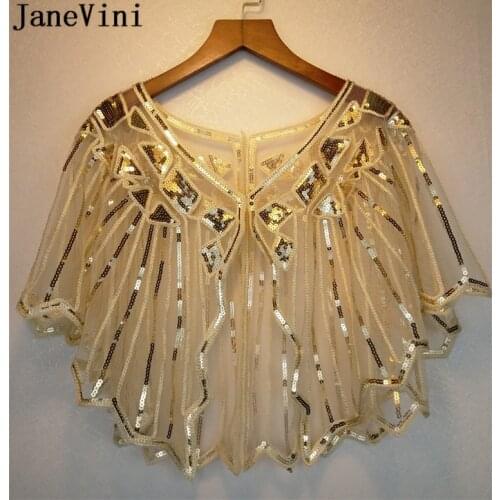 JaneVini Luxurious Gold Sequined Women Evening Wrap Wedding Capes Shiny Beading Tulle Bridal Party Dress Jackets Bolero Marriage