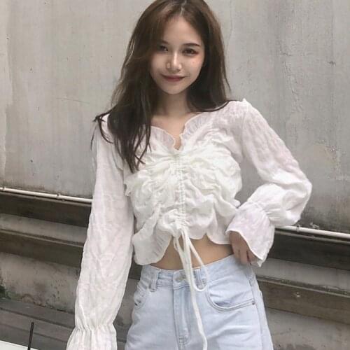 Womens White Blouses V Neck Elegant Autumn Long Sleeve Chiffon Shirt Exposed Navel Tops