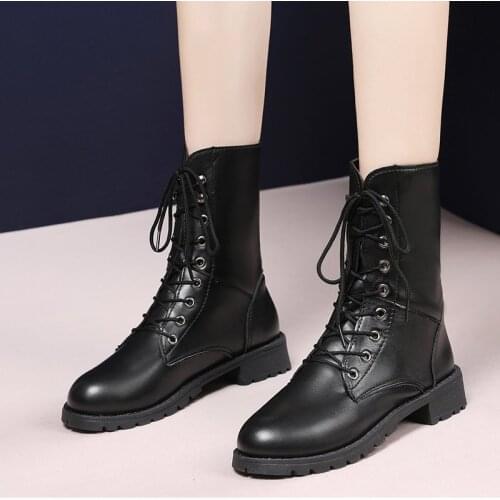 41 42 Womens Mid-calf Boots, Black Motorcycle Boots (Lace-up, Leather)