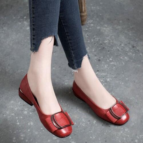 Women Leather Pumps Med Chunky Square Heel Square Toe Slip On Party Office Shoes Cozy Shallow Mouth Women High Heel Shoes