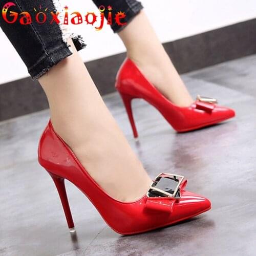 Gaoxiaojie Women Basic Pumps 2021 New Fashion Pure Colour Pointed Toe Stilettos 10CM Bow Metal Decoration Office High Heel Shoes