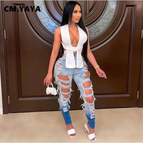CM.YAYA Women Jeans Ripped Hole Mid Wais Pencil Denim Trousers Sexy Fashion High Streetwear Washed Pants Autumn Clothing 2021