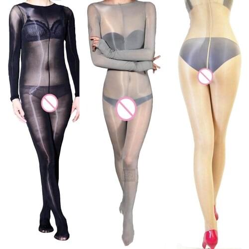 Women Sexy Glossy Long Sleeve Body Stocking Oil Shiny 8D See Through Pantyhose Skin Nude Feel Sheer Bodysuit Lingerie