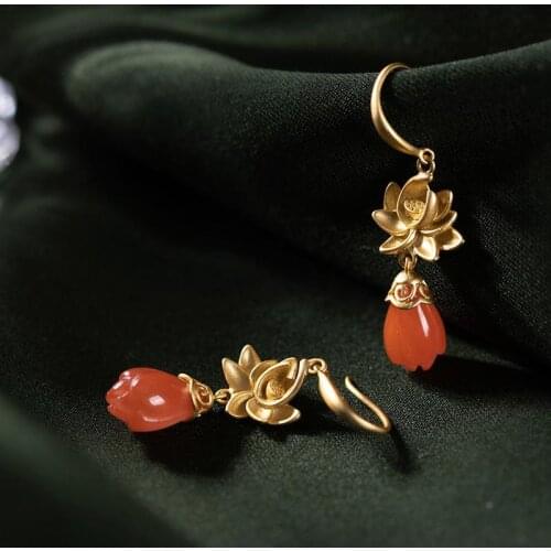 Natural Khotan jade OriginalNewsilver inlay high-quality golden lotus light luxury niche design magnolia womens earrings