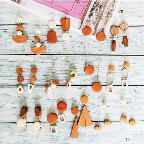 IF YOU Vintage Natural Wooden Dangle Earrings For Women Bohemian Gold Geometric Splicing Hollow Drop Earring Fashion Jewelry