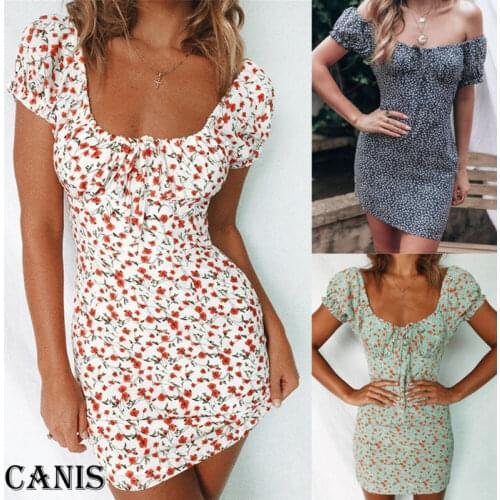 2020 New Fashion Women Off Shoulder Wrap Summer Boho Floral Mini Print Dress Ladies Holiday Beach