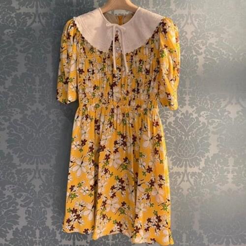 French style summer vintage floral printed dress women pater pan collar puff sleeve a-line dress