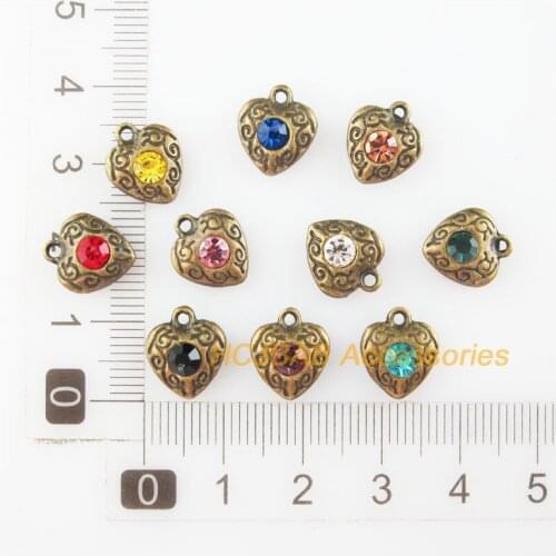 20 New Heart Charms Antiqued Bronze Plated Flower Mixed Crystal Pendants 10x11.5mm