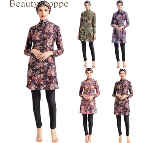 3Pcs Muslim Floral Priend Swimwear Burkini Islam Swimsuit Bikini Beachwear Modest Swimwear Plus Size