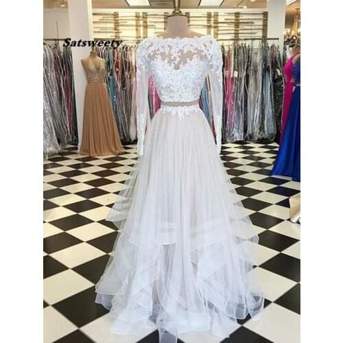 White 2021 Prom Dresses A-Line Tulle Appliques Lace Long Sleeves Prom Gown Two Pieces Evening Party Dress Robe De Soiree