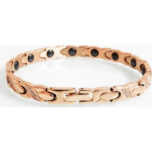 Womens Rose Gold Plated Stainless Steel Cubic Zirconia Silver Color Hand Bracelet Health Care Germanium Magnetic Bangle Jewelry