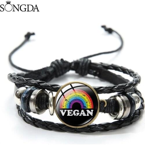 Fashion Cartoon Letter Vegan Charm Bracelet for Vegetarian People Glass Convex Casual Multi-layer Leather Bracelet Bangle