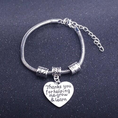 Thank You For Helping Me Grow & Learn Bracelet Engraved Love Words Chain Bangle Teachers Pendant Gift Jewelry Teachers Bangle
