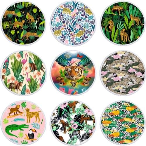 Quick Dry Beach Towel Tiger Flower Swimming Towel Microfiber Bath Towels Yoga Mat Animal Tropical plants Round Tassel Beach