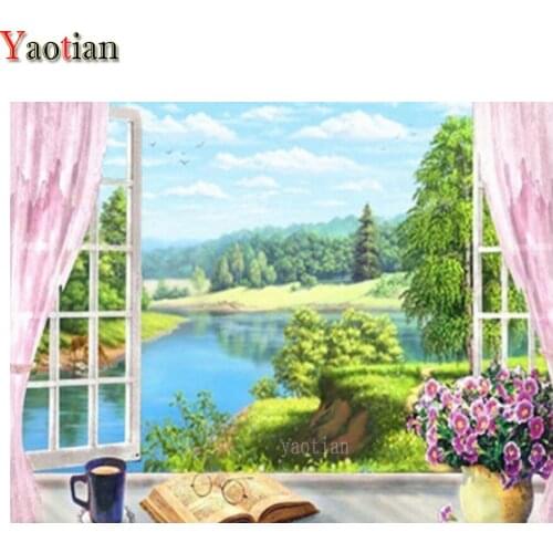 Birch River Bank Window Landscape 5D DIY Diamond Painting Full Drill Square Diamond Embroidery Mosaic Sale Wall Decoration 2021