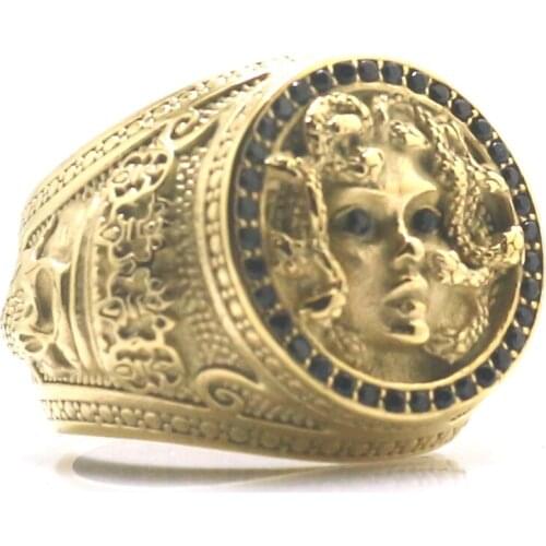 Unisex 316L Stainless Steel Gold-Color Medusa Black Stone Snake Skull Ring