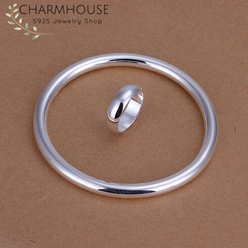 Charmhouse Silver 925 Jewelry Sets For Women Smooth Round Cuff Bangle Bracelet + Ring 2 pcs Set Wedding Bridal Jewelry Bijoux