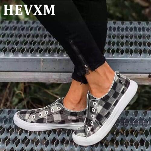 HEVXM Womens Vulcanized Shoes Women Sneakers Casual Comfort Flats Plaid Woman Fashion Slip On Flat Platform Ladies Footware