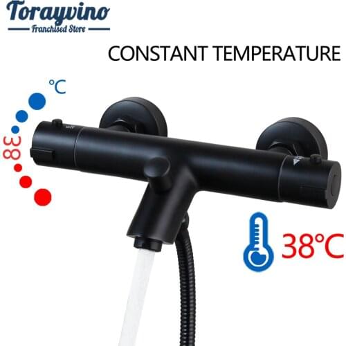 Torayvino Thermostat 2 Way Black Finished Brass Mixer Faucets Bathroom Wall Mounted Double Hole Double Outlet Shower Set Tap