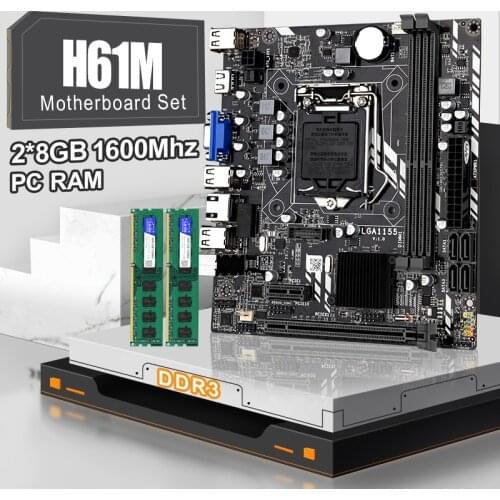 H61M Motherboard LGA 1155 Set With 2PCS DDR3 8GB 1600MHz PC RAM UP TO 16GB Desktop Mainbord Support Core i3 i5 i7 Processor VGA