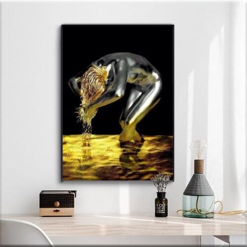 Golden Liquid Black Nude Woman Canvas Painting Wash Hair Cuadros Posters and Prints Scandinavian Wall Pictures for Living Room